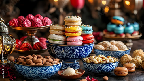 Photo Still Life Festive Sweets, Nuts, Colorful Macarons, Lantern photo