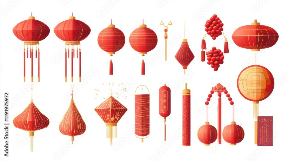 A set of Chinese festive icons, including firecrackers, red knots, and decorative lanterns, neatly arranged, isolated on a white background A set of Chinese festive icons, including firecrackers, red knots, and decorative lanterns, neatly arranged, isolated on a white background