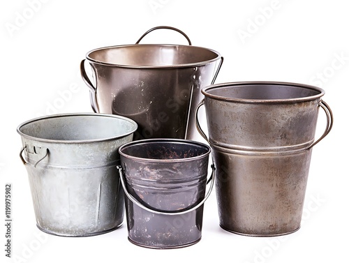 Stylish collection of metal buckets with classic designs, set on a white background