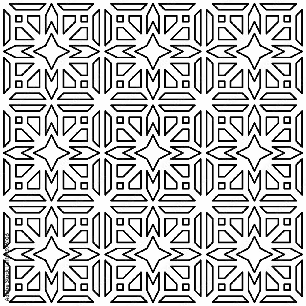 Seamless black and white geometric pattern with symmetrical lines and shapes in a grid layout. Seamless black and white geometric pattern with symmetrical lines and shapes in a grid layout.