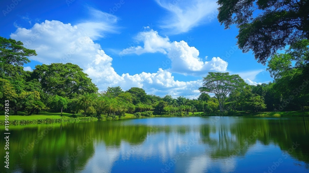 Serene Lakeside Landscape Under a Summer Sky Serene Lakeside Landscape Under a Summer Sky