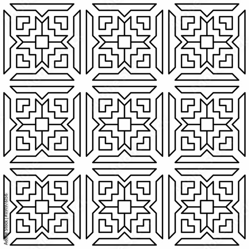 Seamless black and white geometric pattern with symmetrical lines and shapes in a grid layout.
