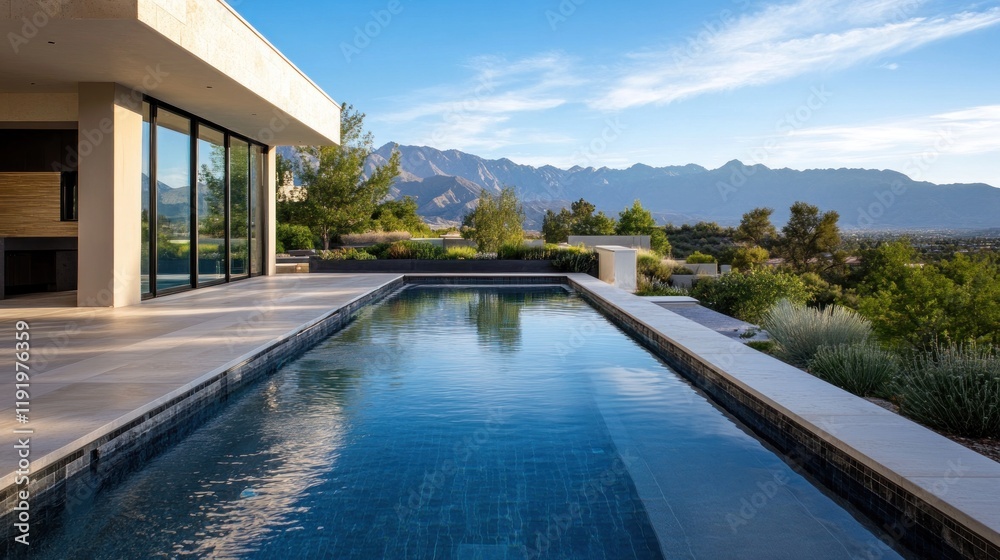 Fototapeta premium Modern poolside view, mountain backdrop, luxury home, sunny day, real estate