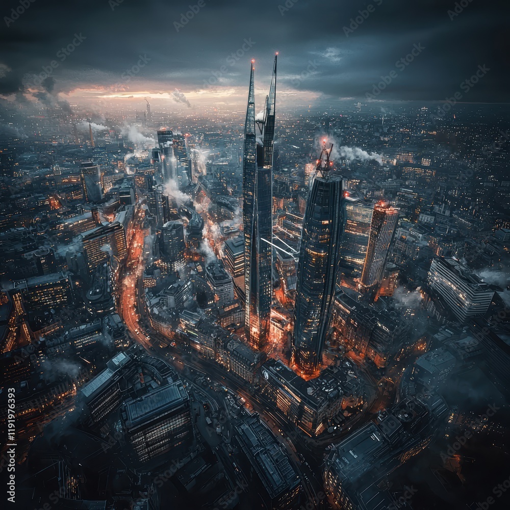 Naklejka premium Aerial View of a Futuristic Cityscape at Twilight with Skyscrapers
