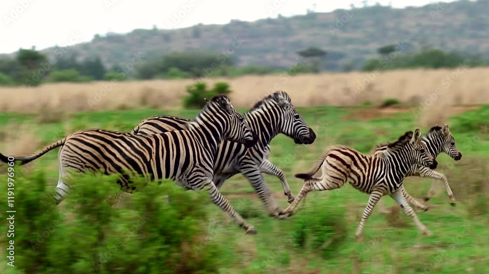 Herd of Burchell's zebra with foals run in slomo over grassy plain, tracking