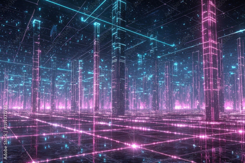 Fototapeta premium Futuristic Digital Forest with Neon Lights and Abstract Structures