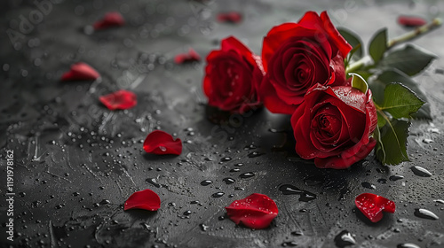 Elegant Red Roses with Petals and Water Droplets.. photo