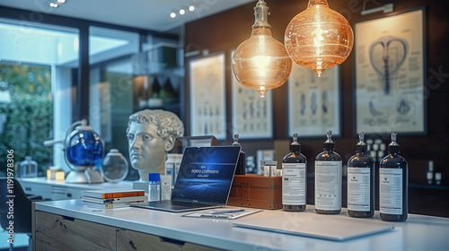 Modern Workspace with Scientific and Artistic Elements.. photo