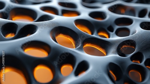 Abstract 3D rendering of porous, textured surface with glowing orange inner holes. photo