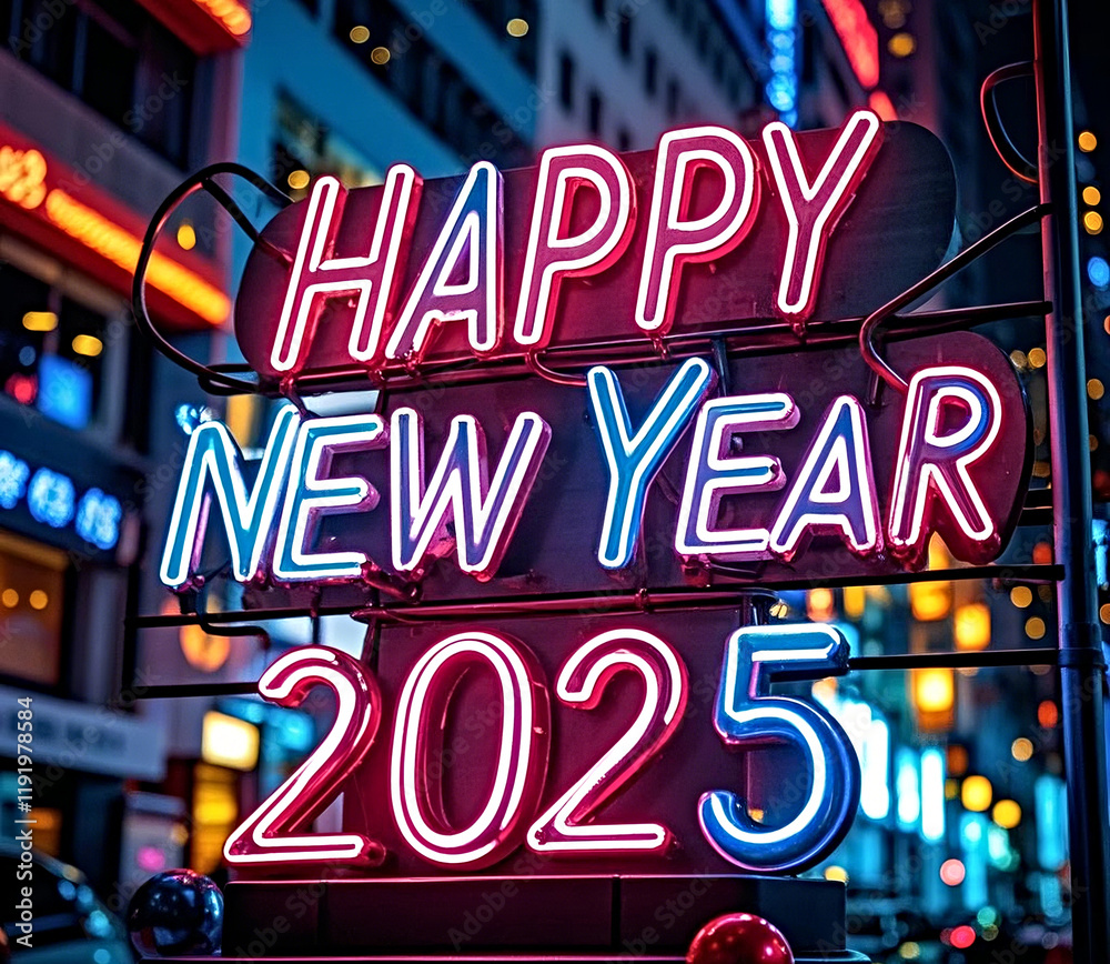 Fototapeta premium Happy New Year 2025 neon lettering.
