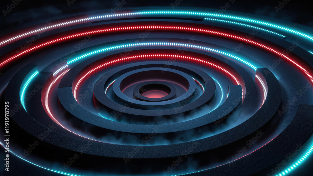Fototapeta premium Futuristic Abstract Neon Rings with Concentric Circles and Vibrant Glow in Dark Space