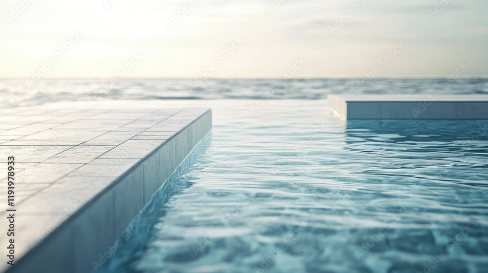 Obraz premium Oceanfront pool steps, tranquil water, sunset