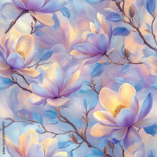 Ethereal Magnolia Blossoms in Soft Pastel Blue and Peach Hues