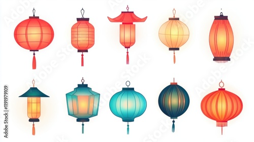 A collection of Chinese lantern icons in various shapes and colors, glowing softly, isolated on a white background