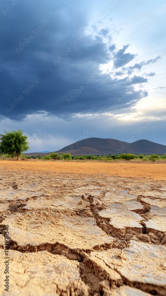 Naklejka premium Dramatic landscape showcasing cracked earth under a brooding sky. AI Generated