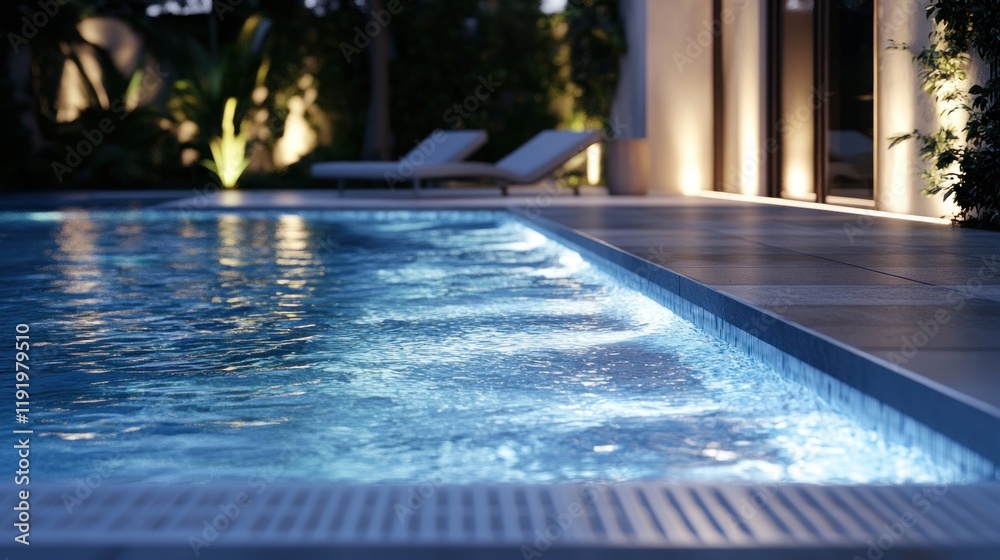 Obraz premium Luxury poolside, night, water feature, villa, tranquil
