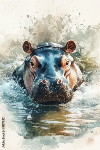 Watercolor Hippopotamus Emerging From Water Detailed Realistic Art Style photo