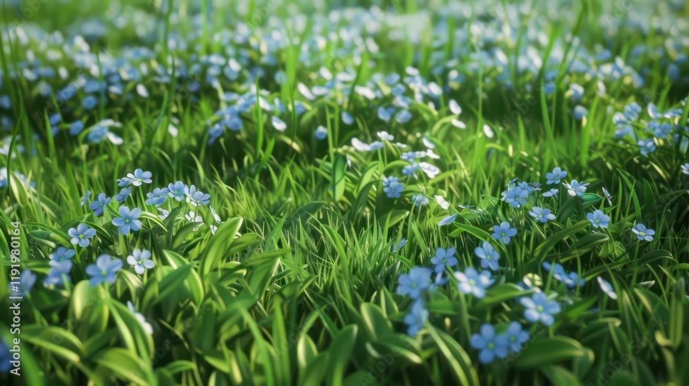 A vibrant field of blue flowers amidst lush green grass, showcasing nature's beauty. A vibrant field of blue flowers amidst lush green grass, showcasing nature's beauty.