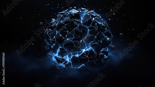 Futuristic Shattered Sphere with Glowing Blue Fragments and Intricate Details in Dark Space