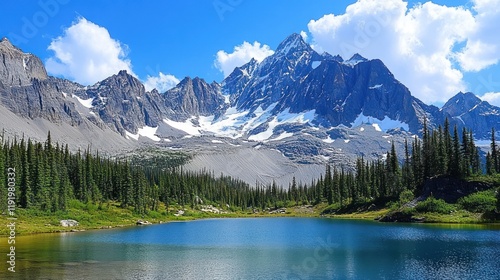 Mountain lake, alpine vista, summer sky, scenic travel poster photo