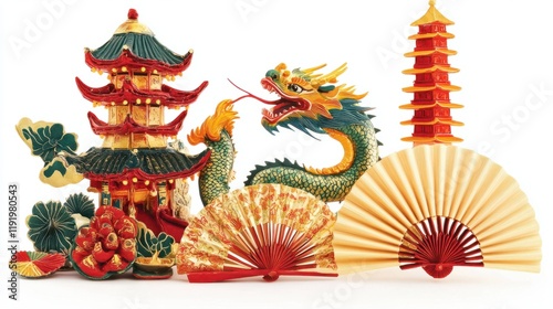 Wallpaper Mural A group of Chinese cultural symbols, including a dragon, pagoda, and fan, all vibrant and detailed, isolated on white Torontodigital.ca