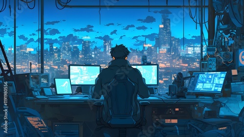 Futuristic city skyline at night, a man in a computer room, seamless looping animation in anime style
