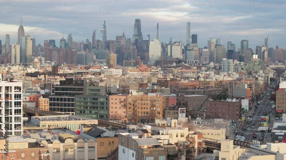 Aerial view of the New York City skyline on a winter morning. Shot in Brooklyn Aerial view of the New York City skyline on a winter morning. Shot in Brooklyn