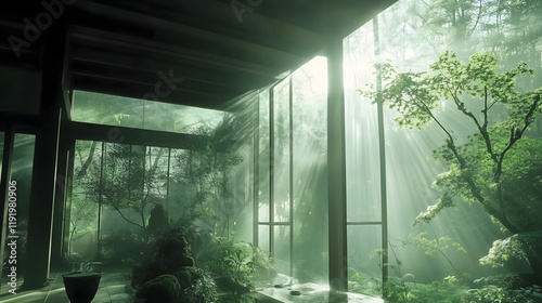 This image captures a Zen-inspired building surrounded by lush greenery, with sunlight streaming through large windows, creating a serene atmosphere with beautiful light play.