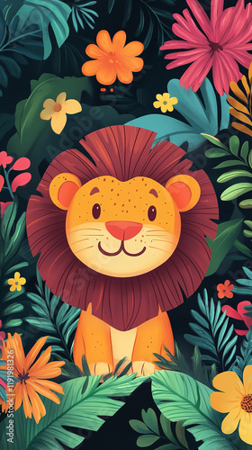 The image depicts a cheerful lion surrounded by vibrant flowers and lush green foliage, creating a lively and colorful scene