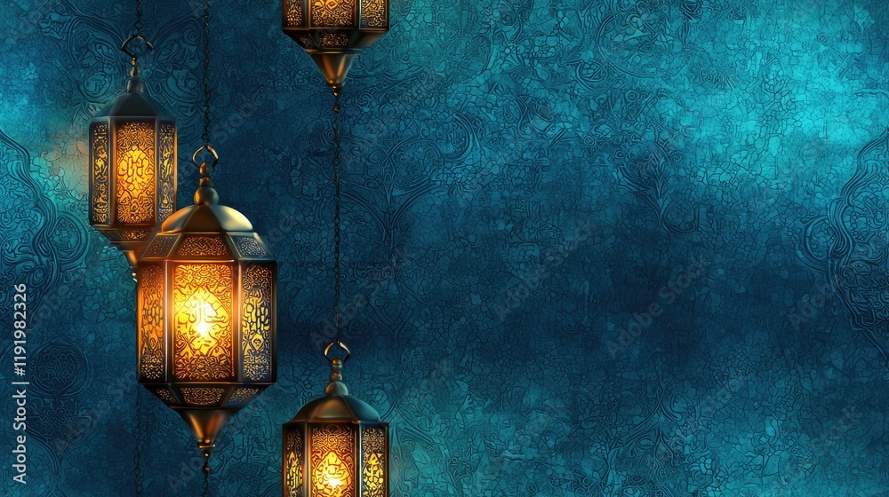 Obraz premium Festive lanterns glowing, teal background, Ramadan celebration, greeting card design
