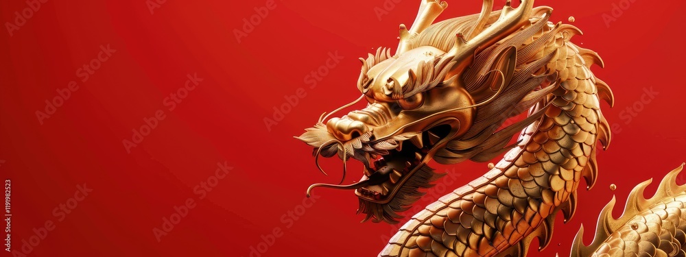Fototapeta premium Majestic Golden Dragon on Red Background. The image exudes power, tradition, and the mysticism of Asian culture.
