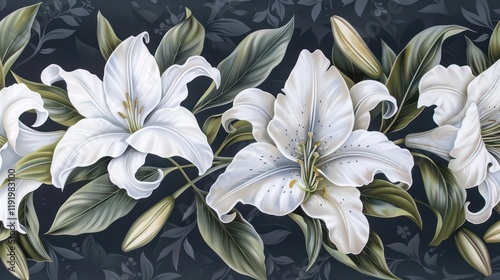 A decorative floral design featuring white lilies and green leaves on a dark background.