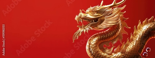 Majestic Golden Dragon on Red Background. The image exudes power, tradition, and the mysticism of Asian culture.