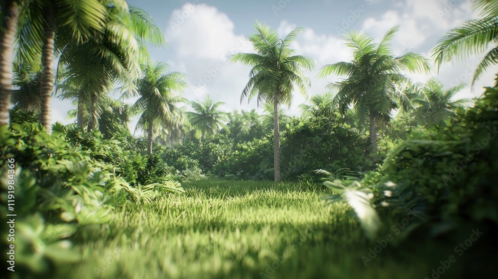 Obraz premium Serene Tropical Paradise: Lush Greenery and Palm Trees Under a Sunny Sky