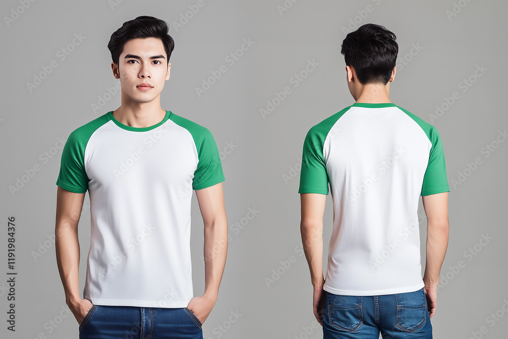 man wearing a white and green short-sleeve raglan t-shirt mockup front and back used as design template man wearing a white and green short-sleeve raglan t-shirt mockup front and back used as design template