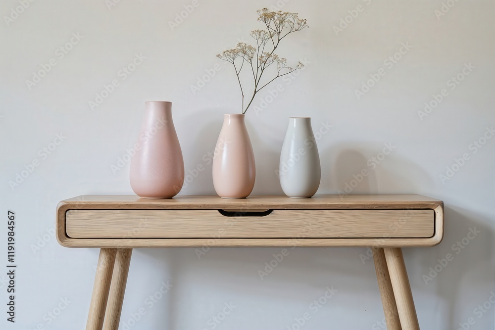Generative AI, Minimalist oak console table with handcrafted ceramic vases and soft natural light Generative AI, Minimalist oak console table with handcrafted ceramic vases and soft natural light