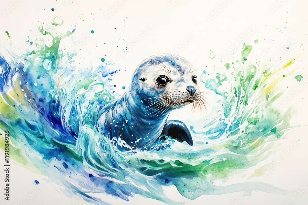 Obraz premium Watercolor seal pup swimming in blue and green textured water splashes