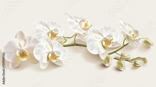 A delicate arrangement of white orchids with soft yellow accents on a light background.