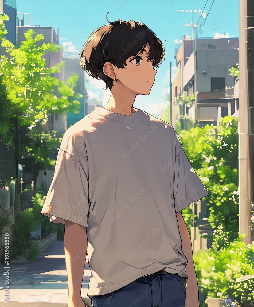 Fototapeta premium Cute anime-style profile picture of an Asian boy with black hair, wearing light gray shirt and casual pants, walking confidently down the street in Seoul with lush greenery background.