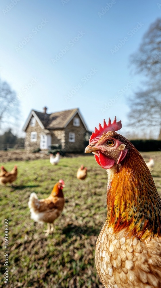 Fototapeta premium Free Range Chickens on Farm Rural Cottage Sunny Day