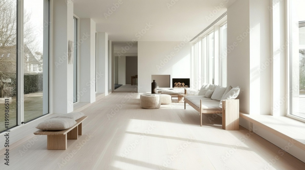 A bright and airy Nordic living room with large windows, white walls, and minimalistic furniture, showcasing a harmonious blend of comfort and simplicity in design. A bright and airy Nordic living room with large windows, white walls, and minimalistic furniture, showcasing a harmonious blend of comfort and simplicity in design.