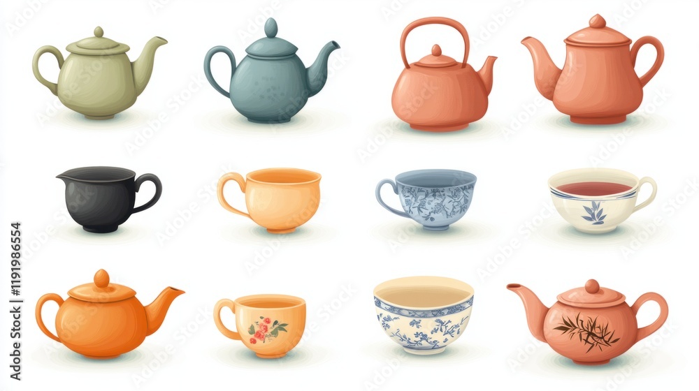 A group of Chinese tea set icons, featuring clay teapots, tea cups, and herbal teas, elegantly arranged, isolated on white A group of Chinese tea set icons, featuring clay teapots, tea cups, and herbal teas, elegantly arranged, isolated on white