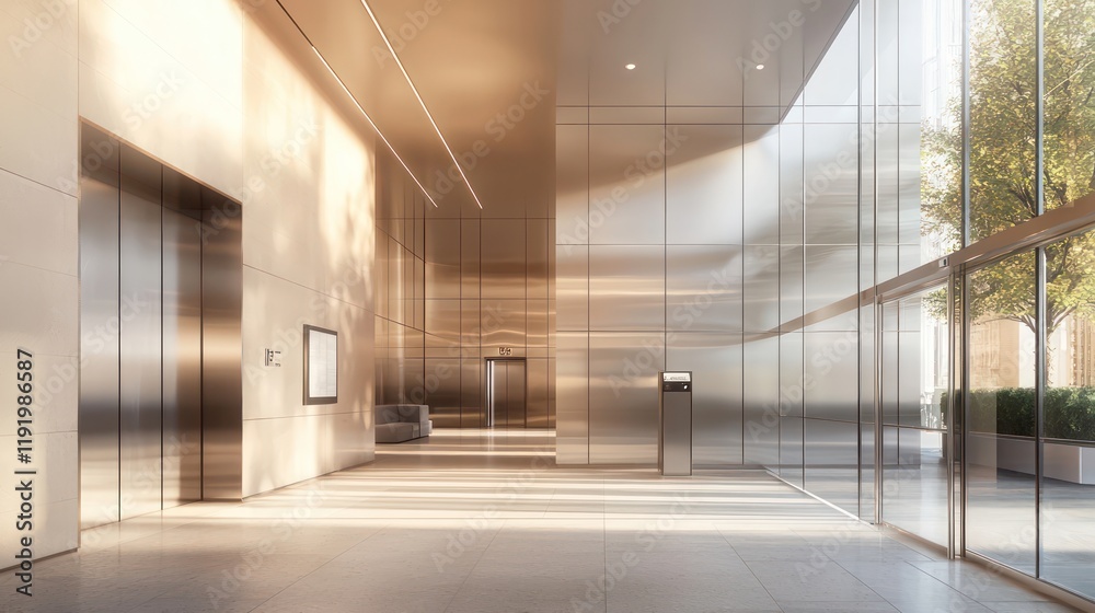 Minimalist elevator lobby with high ceilings, glass, and stainless steel.
