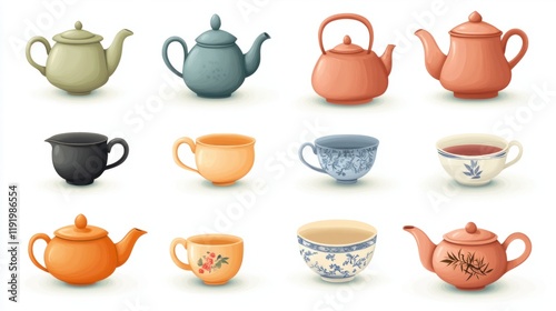 Wallpaper Mural A group of Chinese tea set icons, featuring clay teapots, tea cups, and herbal teas, elegantly arranged, isolated on white Torontodigital.ca