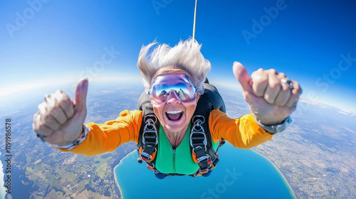 Jubilant older woman skydiving with bright smile and thumbs up, showcasing excitement and adventure in sky. stunning aerial view of landscape below enhances thrill