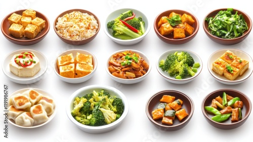 A group of Chinese vegetarian food icons including tofu dishes, stir-fried greens, and vegetable dumplings, isolated on white photo