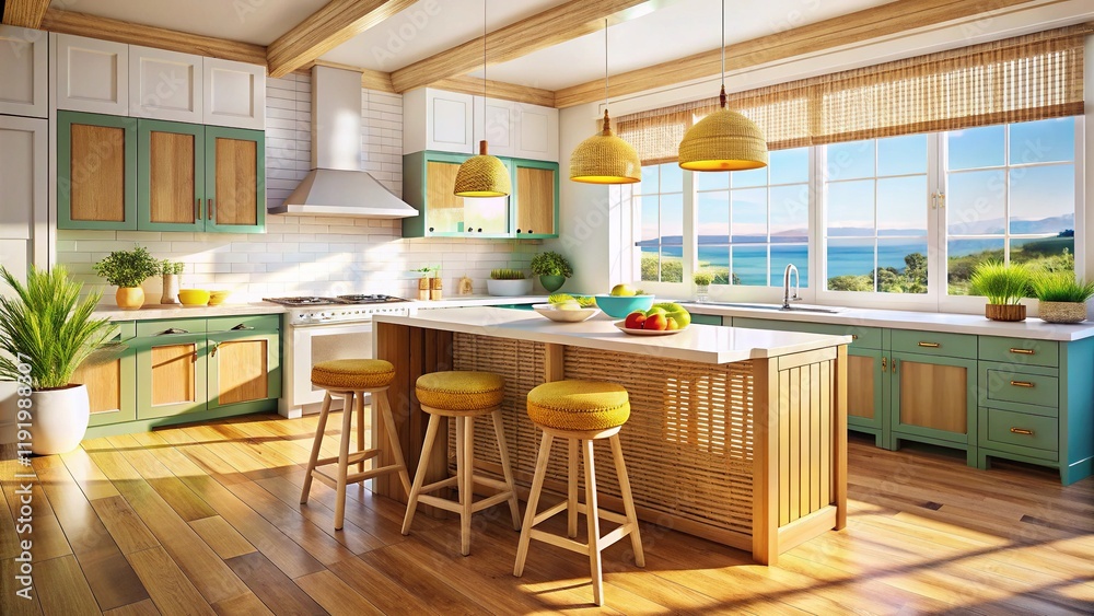 Coastal Kitchen Design: Wicker Bar Stools & Natural Wood Accents