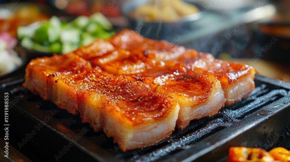A close-up of succulent pork belly sizzling on a grill, with crispy skin and juicy meat, surrounded by colorful ingredients ready for a flavorful barbecue. A close-up of succulent pork belly sizzling on a grill, with crispy skin and juicy meat, surrounded by colorful ingredients ready for a flavorful barbecue.