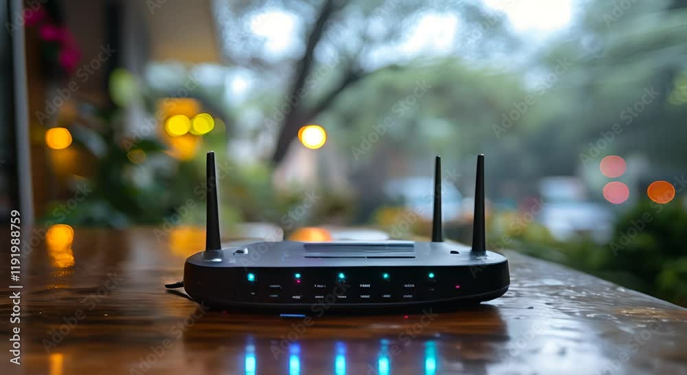 A modern router with glowing indicators, set on a wooden surface in a blurred outdoor environment.