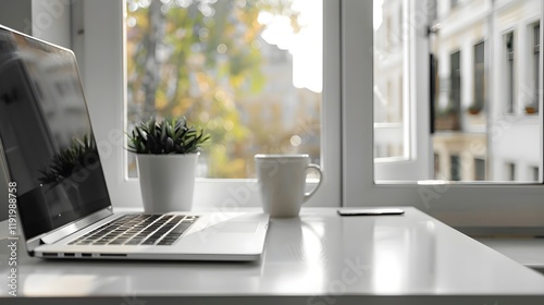 Close up view of workspace with laptop, coffee cup and copy space on white table next to window